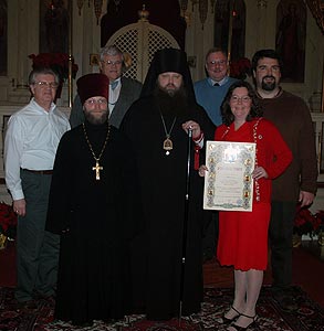 From right to left: David Eichelberger, Albert Blaszak, Art Lisowsky, Michael Mickel, Selina Eichelberger,Bishop Mercurius, Fr. Jonh
